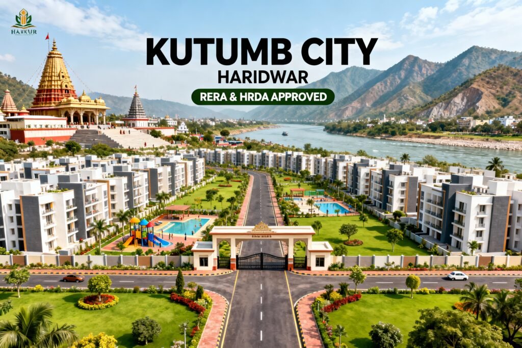 "Kutumb City Haridwar premium RERA and HRDA approved residential township with modern gated community, wide roads, green landscaping, temple architecture, and mountains in background"